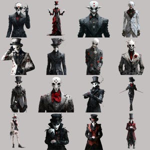 Gothic clipart PNGs, digital download for junk journals and scrapbooking, featuring surreal characters.