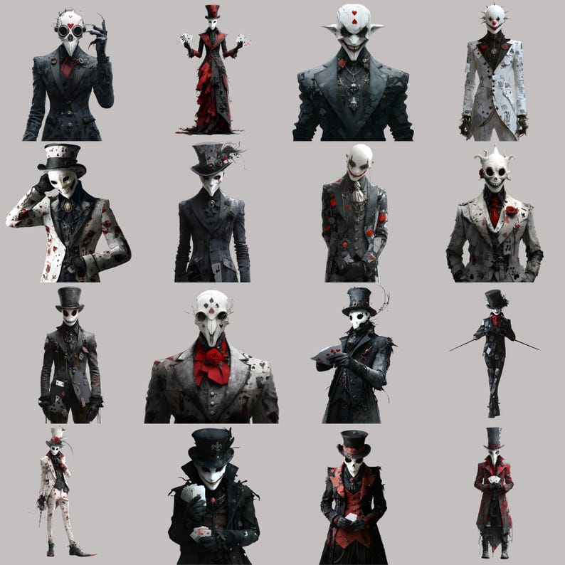 Gothic clipart PNGs, digital download for junk journals and scrapbooking, featuring surreal characters.