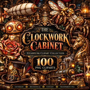 Peut inclure: Une collection graphique numérique intitulée The Clockwork Cabinet présentant des éléments steampunk dont un dirigeable, une abeille mécanique, un robot, une rose, un haut-de-forme, un cheval, une locomotive et un sablier avec le texte 100 PNG CLIPARTS.