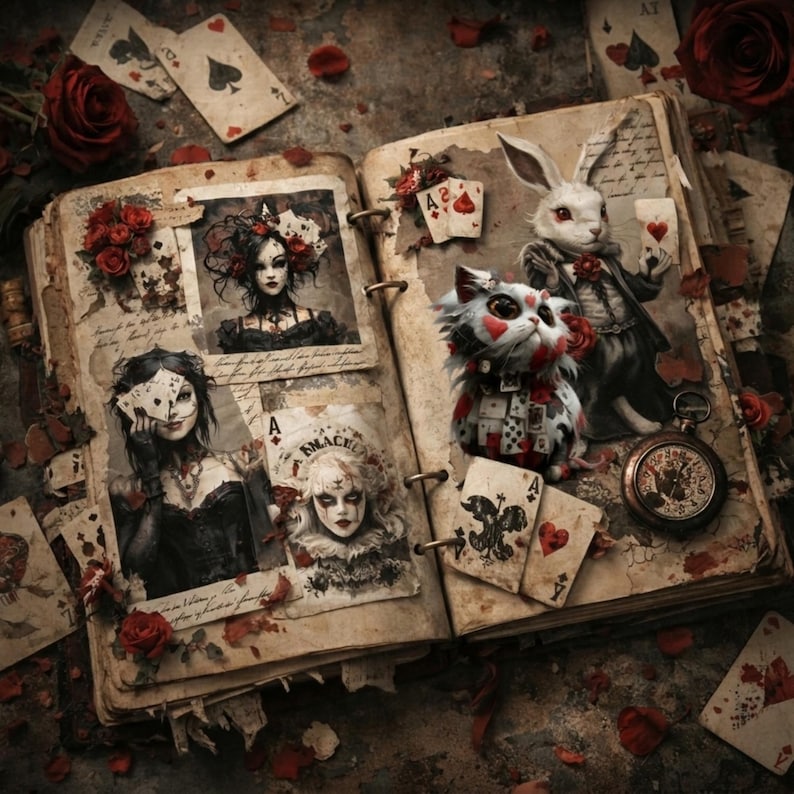 Gothic clipart PNG featuring surreal elements like a rabbit, cards, and roses, perfect for junk journal and scrapbooking.