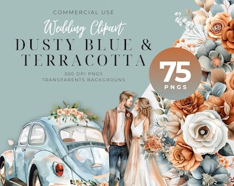 Bundle de Clipart floral bleu poussiéreux & terre cuite, aquarelle de fleurs de mariage, fleurs orange brûlé, 75 PNG, 300 DPI, fond Transparent