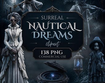 Lot de cliparts numériques nautiques, art fantastique surréaliste de l'océan, éléments de scrapbooking uniques pour projets créatifs