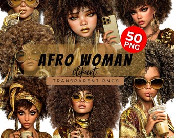 Clipart femme noire afrocentrique : PNG avec tenue de luxe dorée (téléchargement numérique)