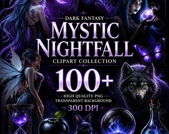 Clipart fée mystique, graphismes de conte de fées violet pour téléchargement numérique, art fantastique enchanté