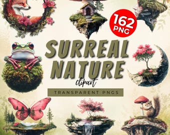 Clipart Nature surréaliste : Art botanique lunatique, téléchargement numérique PNG pour le scrapbooking, Images de la nature vintage
