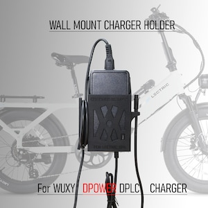 May include: A black wall mount charger holder for a Lectric XP e-bike charger. The holder features a geometric cutout design on the front, with the text "WALL MOUNT CHARGER HOLDER" above and "FOR WUXY DPOWER DPLC CHARGER" below the unit.