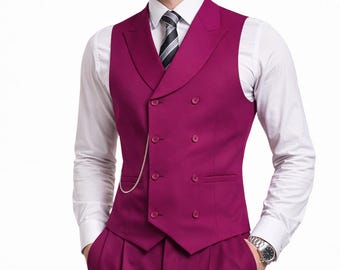 Magenta Double-Breasted Waistcoat for Men, Peak Lapel Formal Vest  Tailored Statement Suit Vest