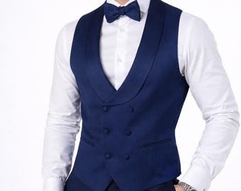Navy Shawl Lapel Double-Breasted Waistcoat for Men, Formal Tuxedo Vest, Elegant Evening Wear