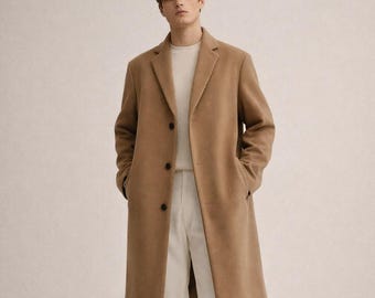 Camel Wool Blend Long Overcoat, Minimalist Tailored Single-Breasted Men’s Outerwear