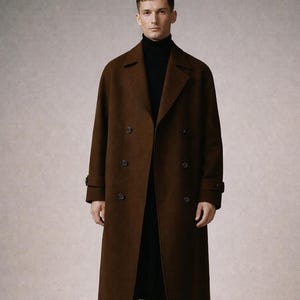 May include: A double-breasted, long brown coat with a classic design. The coat features a notched lapel, button closures, and a tailored fit. The person is wearing a black turtleneck and black pants.