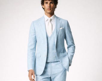 Sky Blue Linen 3-Piece Suit, Slim Fit Wedding Groom, Summer Reception Formal Wear