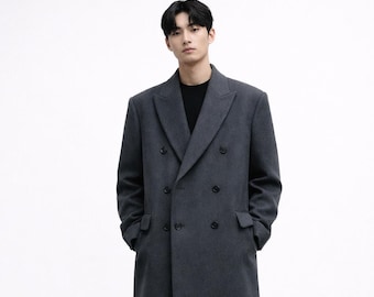 Charcoal Grey Double-Breasted Wool Overcoat, Men's Minimalist Tailored Winter Coat