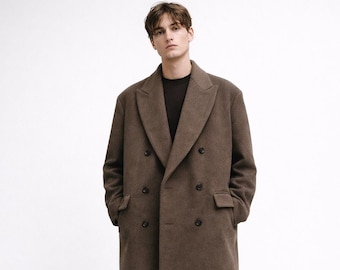 Men's Brown Double Breasted Wool Overcoat, Minimalist Tailored Long Winter Coat