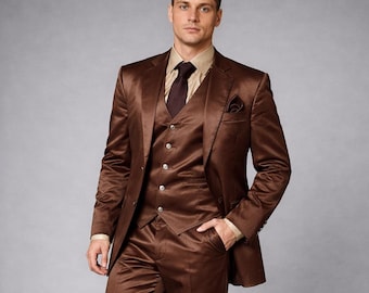 Chocolate Brown Satin 3-Piece Suit, Men's Slim Fit Formal Tuxedo, Wedding Groom Outfit