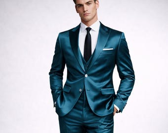 Teal Satin 3-Piece Suit, Slim Fit Formal Wedding Tuxedo, Modern Party Outfit