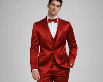 Red Satin 3-Piece Suit, Men's Slim Fit Formal Tuxedo, Wedding Prom Party Wear