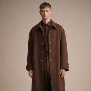May include: A full-length brown coat with a matching shirt and trousers. The coat has a classic design with a button-up front and a collar. The outfit is completed with black leather boots. The overall look is sophisticated and stylish.