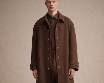 Men's Brown Wool Blend Full Length Overcoat, Minimalist Tailored Maxi Winter Coat
