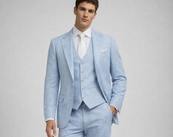Light Blue Linen 3-Piece Suit, Slim Fit Wedding Groom Formal Summer Reception Outfit
