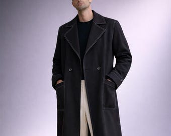 Men's Black Double-Breasted Wool Overcoat, Full Length Tailored Winter Coat