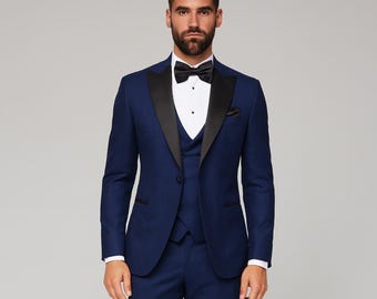 Royal Blue Black Tuxedo Suit, 3 Piece Slim Fit Wedding Groom Formal Wear