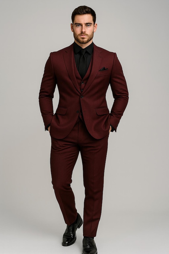 Burgundy 3-piece Suit, Slim Fit Wedding Attire, Wine Red Formal Men's Outfit