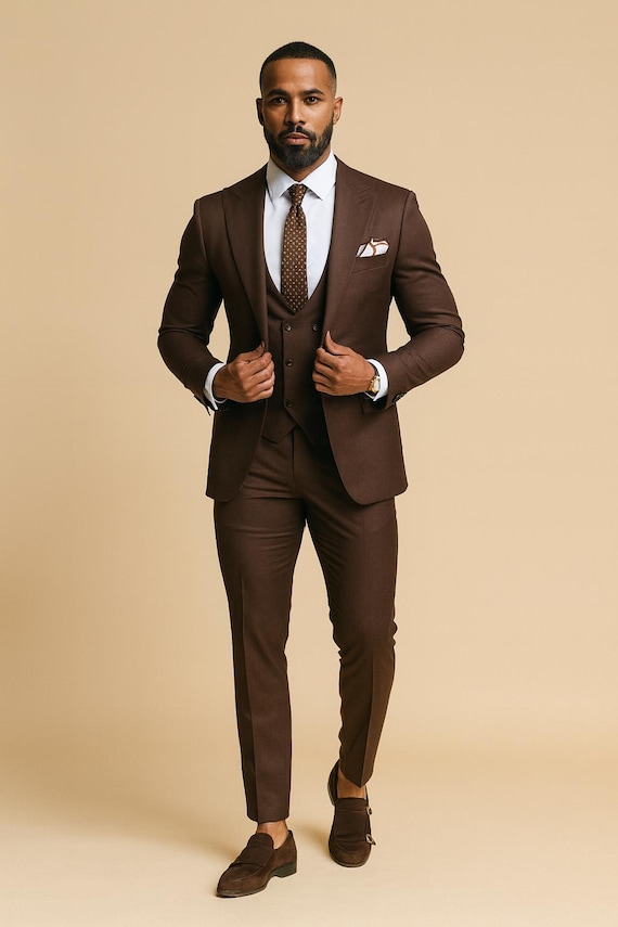 brown dress mens Dark Slim Fit 3 Piece Suit, Chocolate Wedding Groom Formal Outfit Suit pants