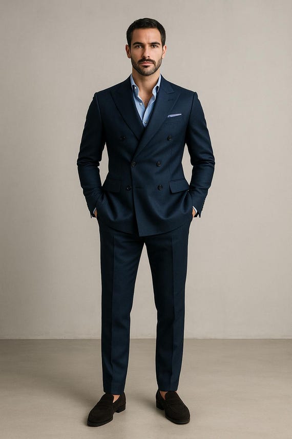 Midnight Navy Double-breasted Suit for Men, Tailored 2 Piece Suit