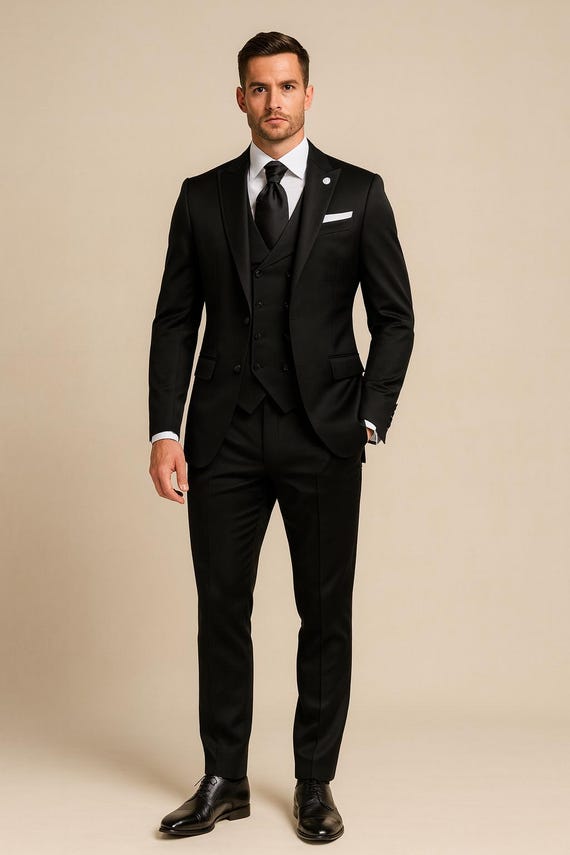 Black 3-piece Tuxedo Suit, Shawl Lapel, Slim Fit Formal Evening Wear