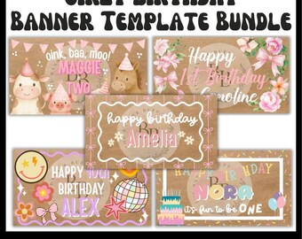 Editable Girly Birthday Banner Templates, Canva Download, Party Decor (Digital)