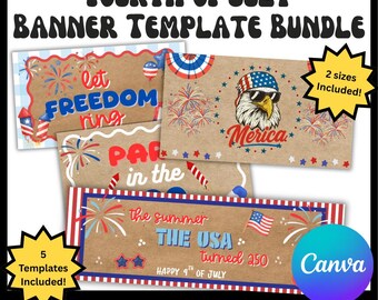 Editable Fourth of July Banner Template Bundle, Printable Sign, Canva Link