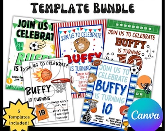 Editable Sports Birthday Invitation Template Bundle, Canva Template Link