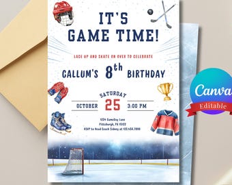 Ice Hockey Birthday Invitation | Sports It's Game Time Party, Editable Canva Template