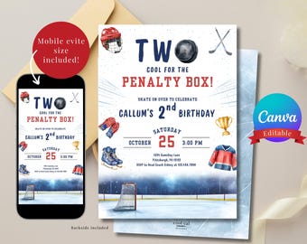 May include: A hockey-themed birthday invitation with a watercolour design. The invitation features the text "Two Cool for the Penalty Box!" and details for Callum's 2nd birthday, including the date, time, and location. Mobile evite size included.