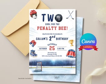 May include: A hockey-themed birthday invitation with the text "TWO COOL FOR THE PENALTY BOX!" and "CALLUM'S 2nd BIRTHDAY". The design includes hockey equipment illustrations, a hockey rink, and the date, 25th October.