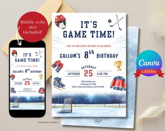 Ice Hockey Birthday Invitation Template | Sports It's Game Time Party | Editable Canva Invite (Digital)