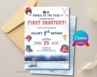May include: Hockey-themed birthday invitation with watercolor illustrations. The invitation features a red hockey helmet, skates, gloves, and a jersey. Text includes "Our Rookie of the Year", "First Shootout!", and "Callum's 1st Birthday".