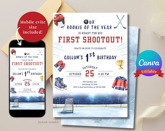 May include: Hockey-themed birthday invitation with the text "Our Rookie of the Year is Ready for His First Shootout!" and "Callum's 1st Birthday." Includes a mobile evite size. Features hockey equipment illustrations.
