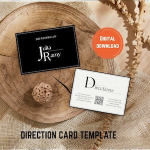 May include: A wedding direction card template with a black and white design. The card features the text "The Wedding of Julia & Ramy" and "Directions". A digital download badge is also visible. The words "Direction Card Template" are at the bottom.