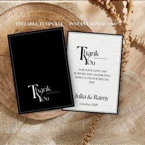 Puede incluir: Dos tarjetas de agradecimiento, una negra y otra blanca, con tipografía elegante. La tarjeta negra presenta las palabras "Thank You" en blanco. La tarjeta blanca incluye un mensaje de gratitud, nombres y la fecha de octubre de 2029.