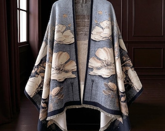 Öppen sjal i blommig kimono-stil för kvinnor | Lätt, mönstrad sjal | Mjuk, elegant halsduk i 2 färgvarianter