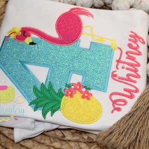 Pineapple Flamingo Appliqué Birthday Shirt- Pineapple Shirt- Flamingo Birthday Party - Fruit Customize Birthday Shirt Numbers 1-9