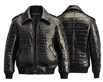 Handmade Crocodile Embossed Leather Jacket - Black Bomber Luxury Leather Stylish Winter Wear Coat