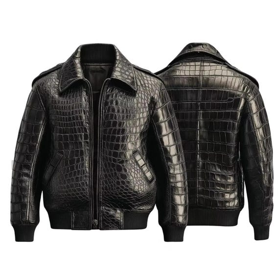 Handmade Crocodile Embossed Leather Jacket - Black Bomber Luxury