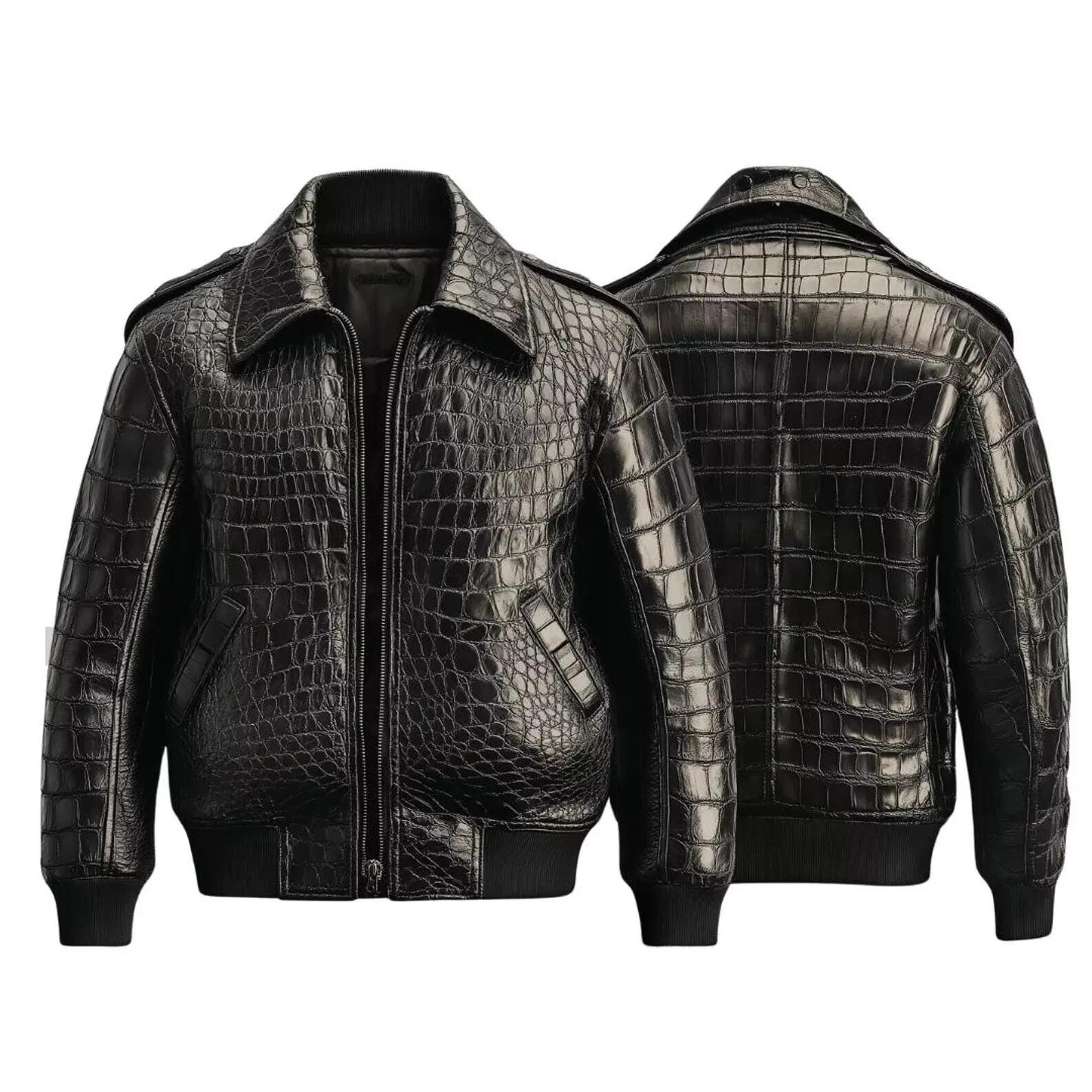 Handmade Crocodile Embossed Leather Jacket - Black Bomber Luxury