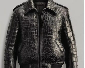 Handmade Crocodile Embossed Leather Jacket - Black Bomber Luxury