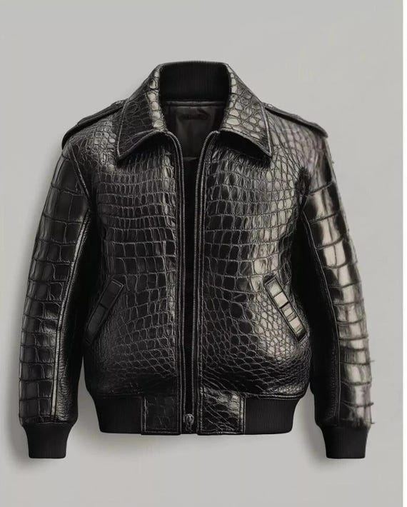 Handmade Crocodile Embossed Leather Jacket - Black Bomber Luxury