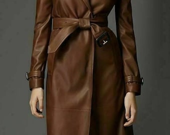 Women’s Brown Genuine Leather Trench Coat | Long Belted Leather Coat | Vintage Inspired Leather Overcoat | Elegant Classic Women’s Coat