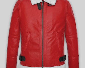 Chaqueta bomber de invierno hecha a mano con borreguillo rojo, de piel auténtica, cálida, para hombre, ideal para Navidad.