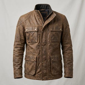 Men's Distressed Brown Leather Field Jacket Vintage Waxed Motorcycle Coat